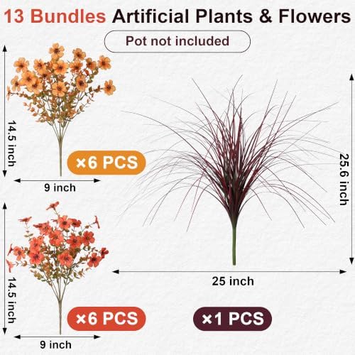Fall Flowers Artificial Mums for Outdoors Autumn Decor, 12 Bundles Fake Fall Mums with 1 pcs Burgundy Grass UV Resistant Realistic Faux Flowers for Outside Home Porch Patio Planter Yard, Orange Yellow - Image 5