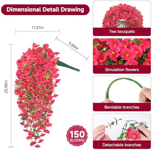 Artificial Hanging Flowers for Outdoors, 2 PCS 300 Blooms UV Resistant Morning Glory Faux Silk Vines, No-Odor Realistic Fake Plants for Garden Planter Porch Patio Decoration, Lotus - Image 3