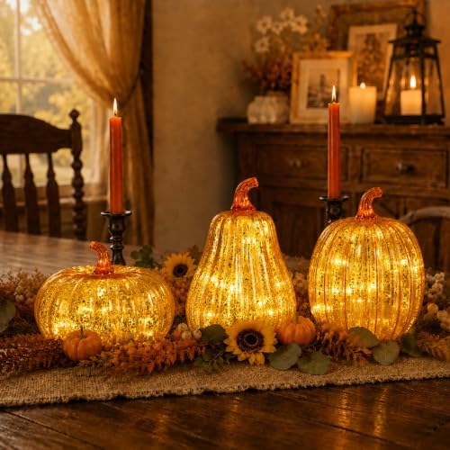 Bdor Mercury Glass Pumpkin Light, Fall Harvest Thanksgiving Halloween Decor - Image 3