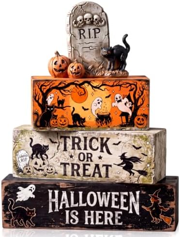 Colingmill 4 Pcs Halloween Table Decor Wooden Stacked Ghost Tombstone Block by Colingmill