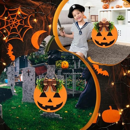 Moucuny Halloween Ghost Wreaths for Front Door, Wooden Welcome Door Sign - Image 4
