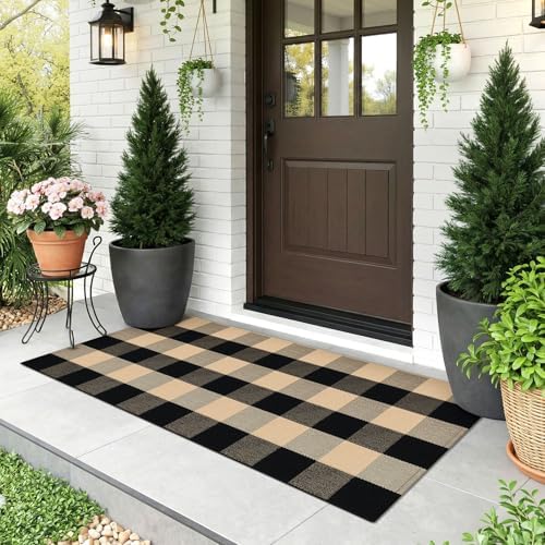 KOZYFLY Buffalo Plaid Area Rugs 2x4.3 Ft Brown and Black Rug Front Door Mat by KOZYFLY