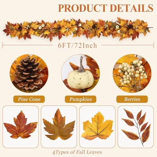 6 FT Lighted Fall Garland with Lights Pumpkins Automatic ON/Off - Image 2