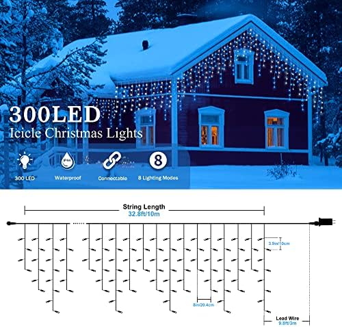 Blue White Christmas Icicle Lights, 300 LED 33FT Curtain Lights - Image 2