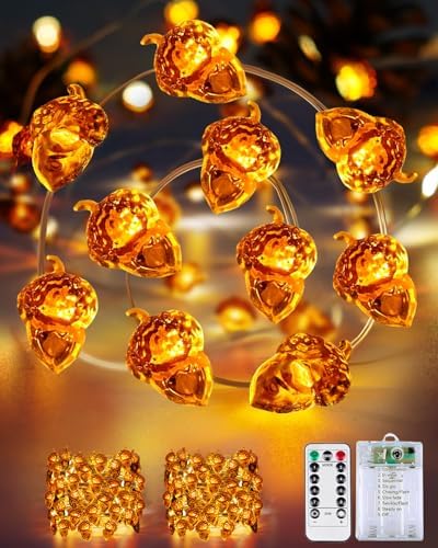 2 Pack 30 LED Acorn Fall Decorations, String Lights Battery Operated Remote by BOSSERN