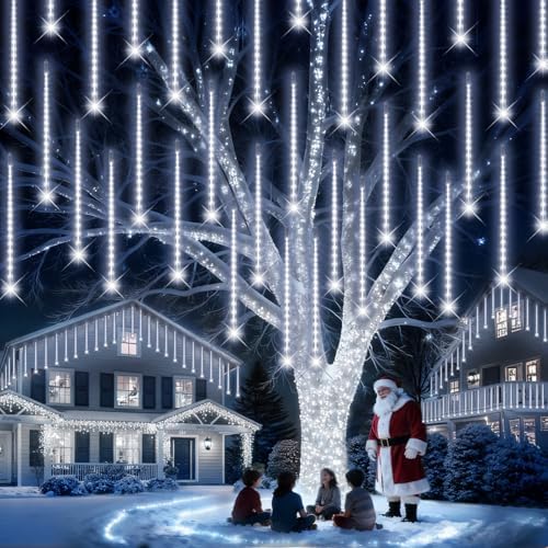 PEMOTech Christmas Lights Outdoor,16 Tubes 576 LED 16 Inch,Meteor Shower Lights Outdoor,Waterproof Icicle Lights,Luces Navideñas para Exteriores,White,50 ft for Christmas Tree,Party,Garden Decor by PEMOTech
