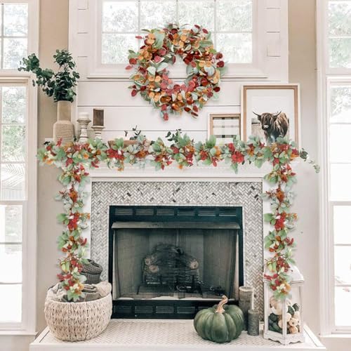 Artificial Fall Wreath for Front Door, Autumn Garland with Lambs Ears Leave Eucalyptus Leaves Berry,Fall Garland for Indoor Outdoor Farmhouse Home Wall Window Festival Decor - Image 6