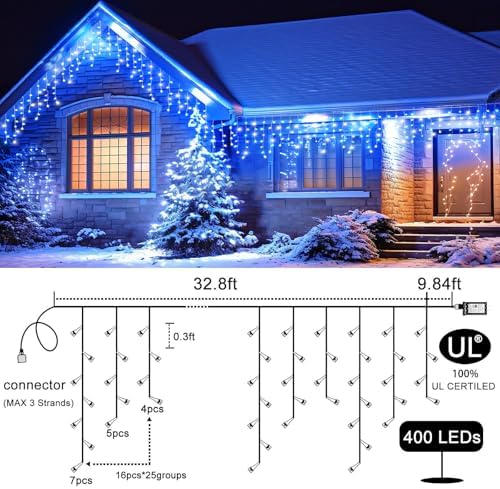 33FT Icicle Lights for Outside 400 LED Blue and White Christmas Lights - Image 2