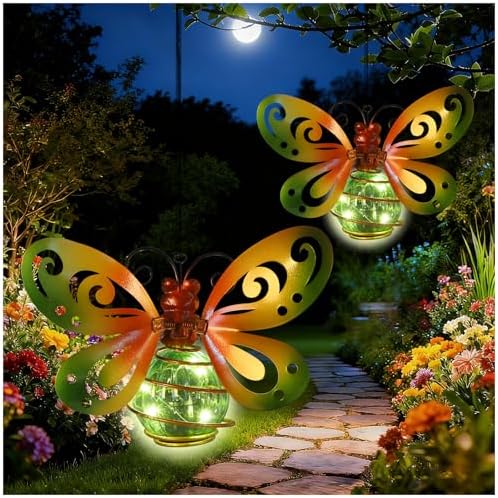 2 Pack Butterfly Garden Decor with Bouncy Springs Pendant Lights Birthday Gifts for Women Mom,Hanging Solar Lights Outside Waterproof Metal Solar Outdoor Decoration for Yard, Porch,Patio,Backyard by Unknown