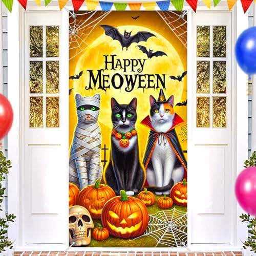 BlissYard Halloween Door Cover Meoween Pumpkin 35x71 Inch Polyester - Image 2