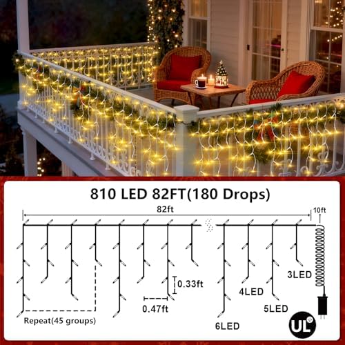 Christmas Icicle Lights Outdoor 82FT 810 LED Drops Warm White - Image 6