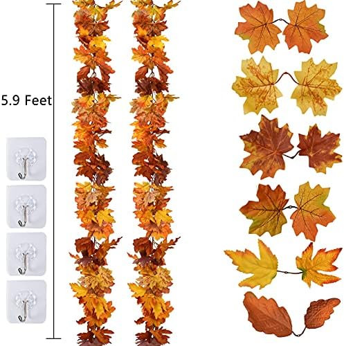 DearHouse 2 Pack Fall Maple Leaf Garland - 5.9Ft/Piece Hanging Vine Artificial Autumn Foliage for Thanksgiving, Home, Wedding, Fireplace, Party, Christmas Decor (Light Orange) - Image 4