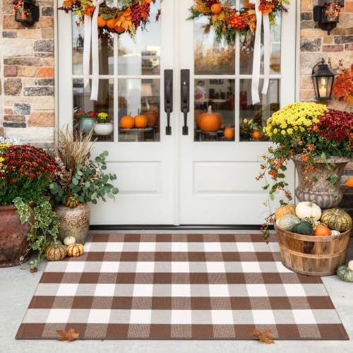 Uphome Bufflo Plaid Outdoor Rug 3'x5', Fall Decor Checkered Front Door Mat, Indoor Outdoor Farmhouse Cotton Porch Rug for Layered Door Mats, Washable Brown Area Rugs for Patio Entryway Kitchen - Image 7