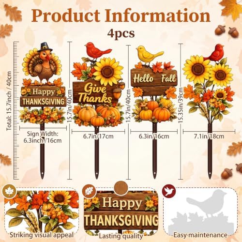 4 Pcs Thanksgiving Decors Outdoor Fall Metal Yard Stakes 15.7'' - Image 2