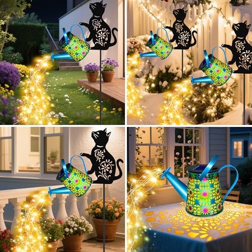 Black Cat Solar Watering Can Lights, Birthday Gifts for Women Mom Christmas, Yard Decorations Outdoor Waterproof, Blue Metal Hanging Lantern Solar Lights Garden Decor Patio Pathway, 2 Pack - Image 6