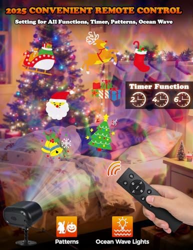 2025 Upgrade No Slides Christmas Projector Lights Outdoor, Holiday Projector Lights with 12 Dynamic Patterns & 7 LED Colors, Remote, Timer, IP65 Waterproof for Xmas Party Garden Yard Decor (Black) - Image 5