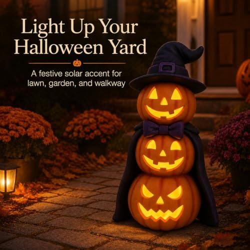 Solar Halloween Garden Statue Lighted Pumpkin Gnome Outdoor Decor - Image 3