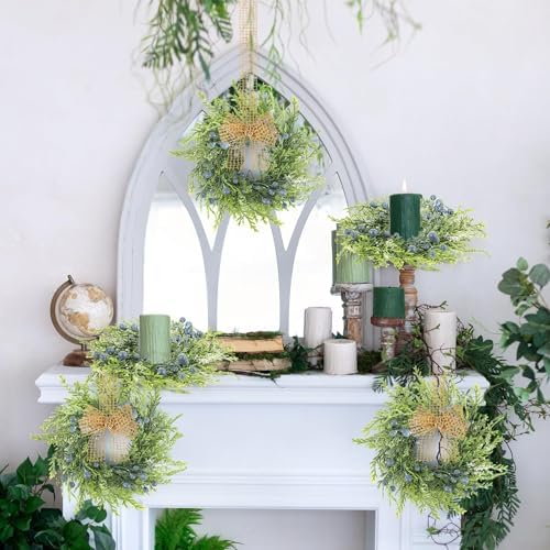 6 PCS Small Spring Summer Blue Berry Cabinet Wreath Artificial Mini Kitchen Wreaths Vintage Swags Wreath with Retro Burlap Ribbon for Farmhouse Rustic Home Front Door Window Pillar Wedding Chair Wall - Image 6