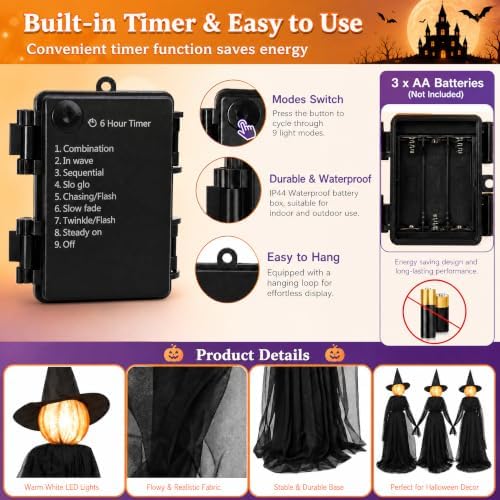 TW SHINE Halloween Witch Decorations Outdoor, 6 FT Set of 3 Holding Hands Witches Stakes with Glowing Face, Lighted Halloween Decor for Party Yard Lawn Porch Garden Haunted House Props - Image 5