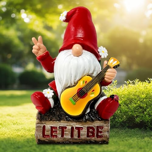 OrnamentallyYou Hippy Gnome with Guitar Garden Statue, Unique Flowers and Peace Sign by OrnamentallyYou