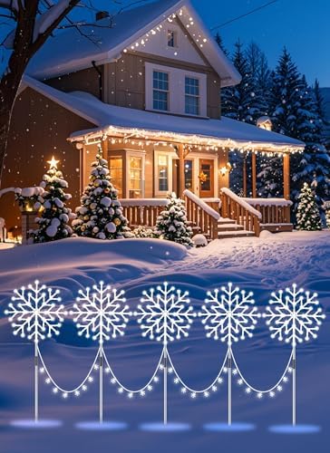 Minetom Snowflake Lights Outdoor, 10 Large Snowflake Christmas Pathway Lights Outdoor Christmas Decorations Yard Sidewalk Walkway Driveway Marker Stake, White - Image 2