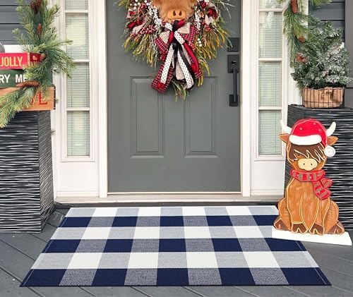 Fall Front Door Mat Outdoor 24"x35"Blue and White Buffalo Plaid Outdoor Rug - Image 7