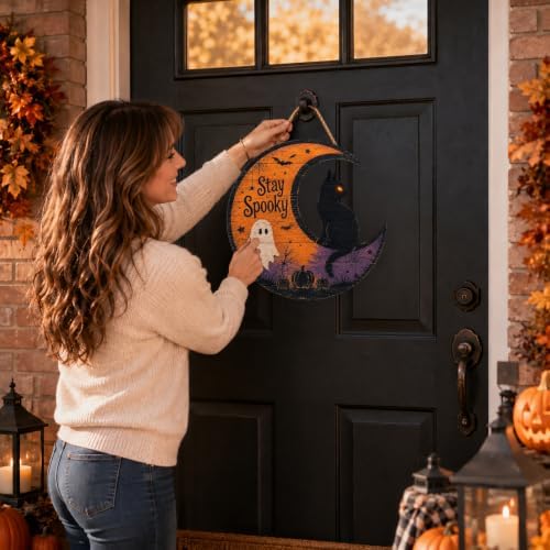 Halloween Door Sign Wooden Hanging Plaque Cat Moon Front Door Porch Decor - Image 6