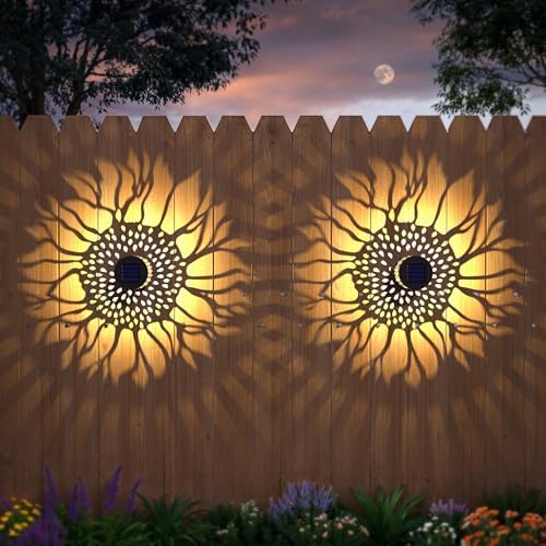 Hapjoy Solar Fence Lights 2 Pack Outdoor Deck Step Wall Lights Metal Waterproof LED Warm Yellow Light for Garden Post Patio Backyard Yard Decor (Sunflower, 2) by Hapjoy