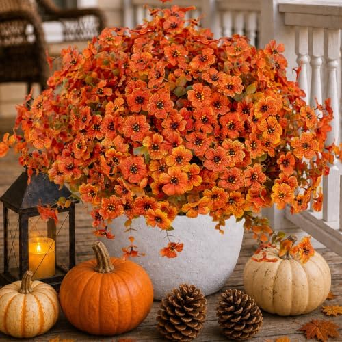 AXYLEX Artificial Fall Flowers Outdoor Fake Mums (Orangegreen, 16 Pack) by AXYLEX