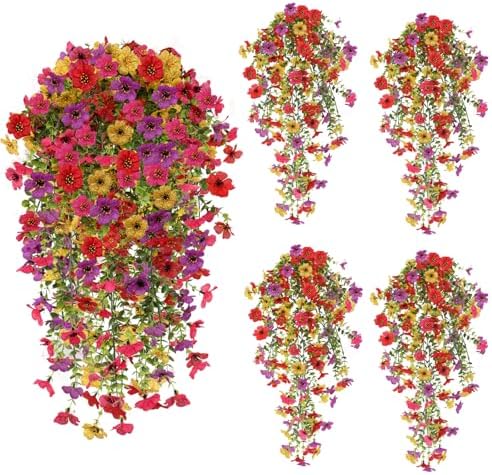 4PCS Artificial Hanging Flowers for Outdoors Summer Decoration, Upgrade UV Resistant Faux Silk Hanging Plants for Outside Home Planter Porch Patio Decor (Multicolour) by FUTBER