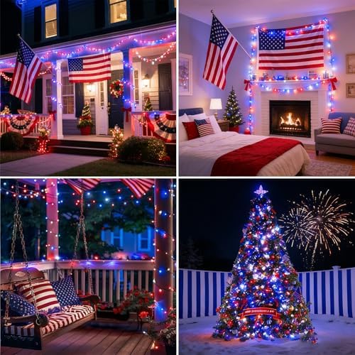 LAMPHOME Red White and Blue Patriotic String Lights, 66ft 200LED 4th of July Lights Plug in, 16 Modes with Timer Outdoor String Lights for Independence Day Memorial Day Patriotic Tree Holiday Decor - Image 6