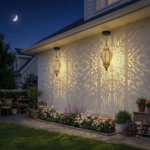 Hapjoy Moroccan Hanging Solar Lights Outdoor Lantern Bidirectional Availabili Garden Decor Waterproof Plastic Gold Decorations for Patio Pathway Yard Backyard Solar Powered Garden Decorative (2, gold) - Image 4