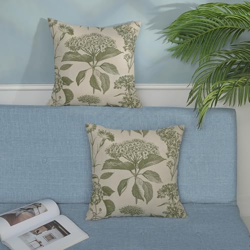 Sage Green Pillow Covers 22x22 Inch 2 Pcs Boho Vintage Floral Decor Throw Pillows Hydrangea Flower Seasonal Outdoor Farmhouse Neutral Accent Decoration Pillowcase Linen Cushion Cover for Sofa - Image 3