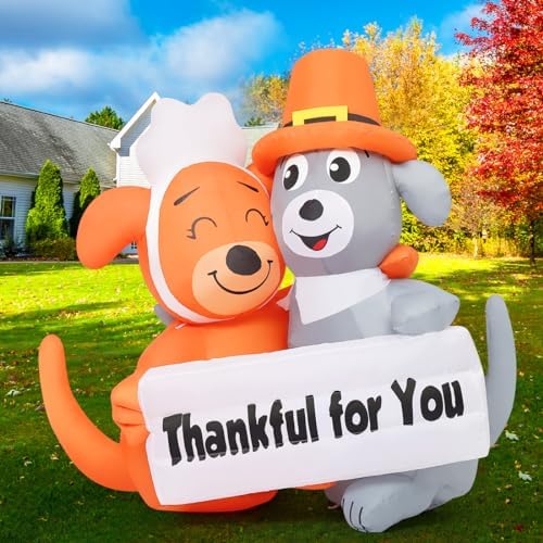COMIN 4.3FT Thanksgiving Inflatables Dog Duo Thankful Sign Yard LEDs Decor by COMIN