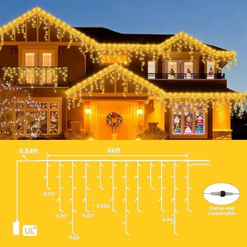 YEGUO 66ft 800 LED Icicle Lights Outdoor, 160 Drops Icicle Christmas Light Connectable, 8 Modes Warm White Xmas Icicle Lights with Memory Timer - Image 2
