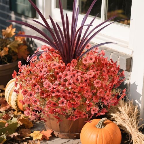 Fall Flowers Artificial Mums for Outdoors Autumn Decor, 12 Bundles Orange Fake Fall Mums with 1 pcs Burgundy Orchid Leaf UV Resistant Look Real Faux Flowers for Outside Planter Home Porch Patio Yard - Image 4