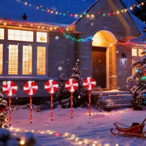 BRIGHTDECK Lollipop Solar Christmas Pathway Lights Outdoor, 5 Pack LED Christmas Decor with 8 Lighting Modes, Light Up Solar Stake Lights for Holiday, Xmas, Walkway, Sidewalk (Red, 5Pack) - Image 6