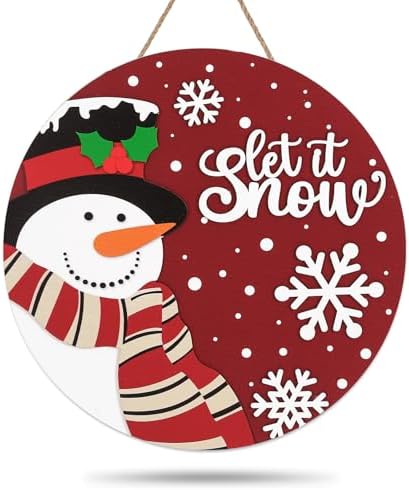 JarThenaAMCS Christmas Winter Welcome Door Sign Xmas Red Snowman Snowflake Wooden Front Door Hanging Sign 3D Round Outdoor Hanger for Party Home Wall Porch Decorations, 12 Inch by JarThenaAMCS