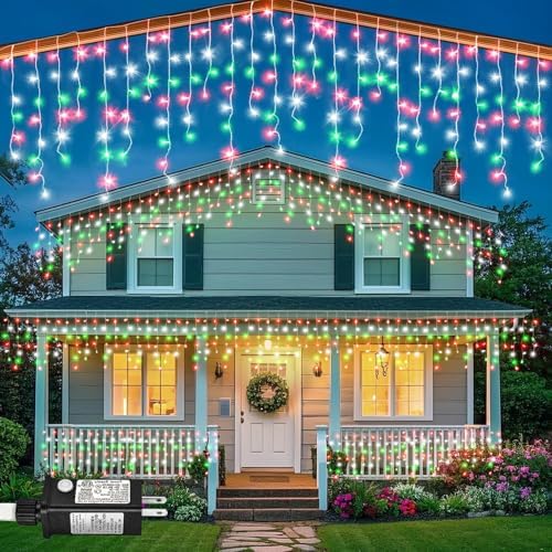 132ft Icicle Lights for Outside, 1280 LED Red White Green Christmas Lights Outdoor Indoor, Twinkle String Lights with 240 Drops, Clear Wire, 8 Modes & Timer, Waterproof for Xmas Eaves Holiday Decor by Nielfoi