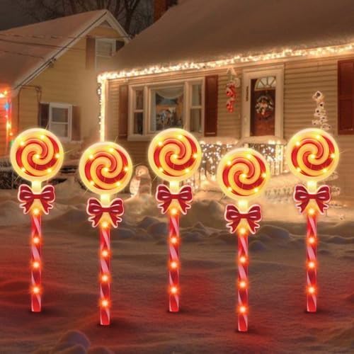 LAMPHOME Christmas Lollipop Pathway Lights，5PCS Decorations Outdoor Yard, Pathway Marker Stake Lights for Patio Ground Path Sidewalk Walkway Driveway by ULL