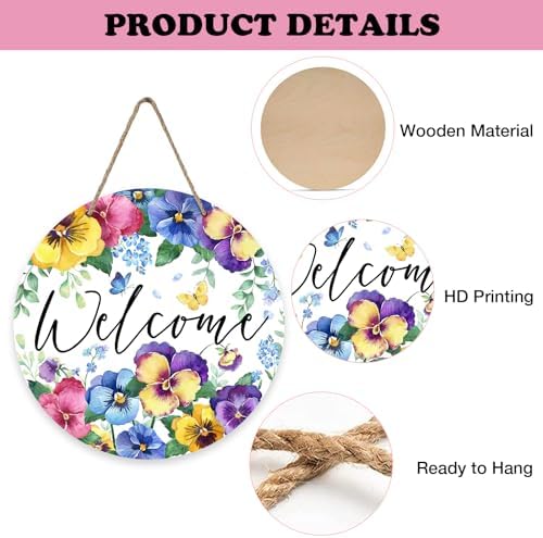 Welcome Spring Summer Floral Flowers Front Door Sign, Pansy Forget - Image 3