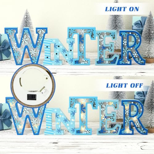Geetery Blue Winter LED Wooden Sign Rustic Wooden Words Sign for Table Home - Image 5