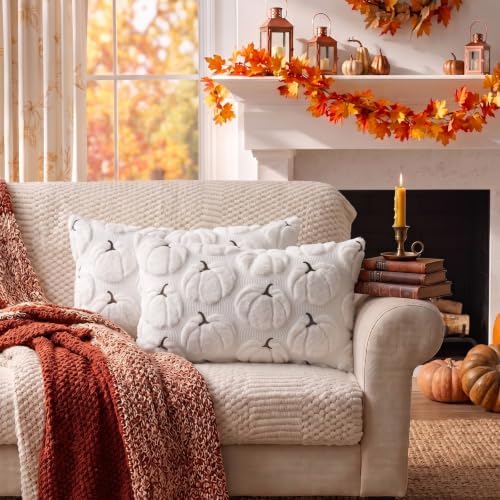 Fall Pillow Covers Pumpkin Fall Decor 12x20 Set of 2 White - Image 6