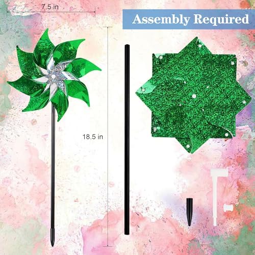Hausse 10 Pack Reflective Pinwheels Holiday Decor (Assembly Required), Sparkly Wind Sculptures for St. Patrick's Day Decorations Party Supplies, Scare Birds Away from Garden Yard Patio Farm, Green - Image 2