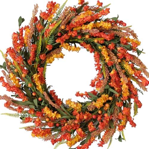 22 Inch Fall Orange Forsythia Flowers Wreath for Front Door, by Egolot