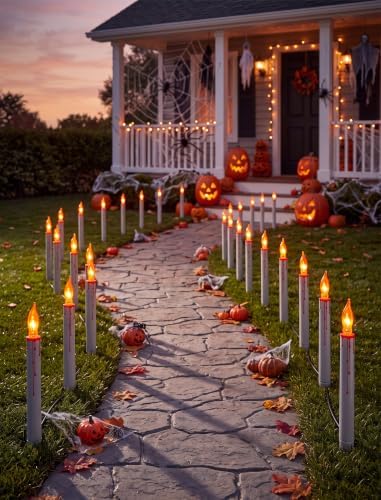 19.5Ft Halloween Pathway Lights, 10 C18 Flicker Flame Candles Stakes Lights - Image 5