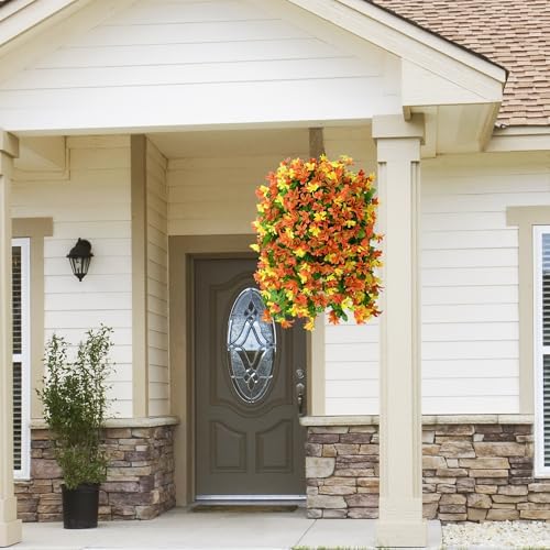 INQCMY Artificial Hanging Flowers Decoration, 4pcs Fake Floral Basket Plants for Outdoor Porch, Faux Shrubs Home Spring Decor UV Resistant Potted Violets for Outside Garden No Fade - Image 4