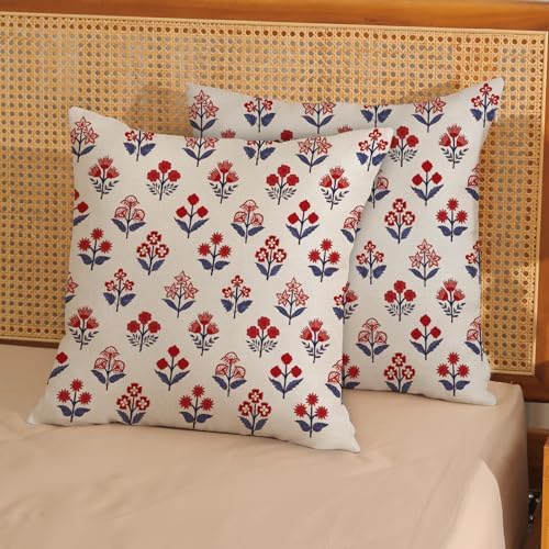 4th of July Pillow Covers 16x16 Inch 2 Pcs Red Blue Block Print Vintage Floral Patriotic Outdoor Decor Throw Pillows Memorial Day Holiday Decoration Pillowcase Linen Cushion Cover for Couch - Image 2