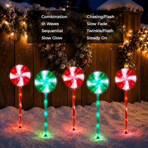 BRIGHTDECK Lollipop Solar Christmas Pathway Lights Outdoor, LED Christmas Decor with 8 Lighting Modes, Light Up Solar Stake Lights for Holiday, Xmas (Red＆Green, 10Pack) - Image 6