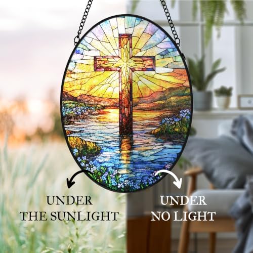 Cross Forget Me Not Stained Glass Window Hanging Suncatcher - Image 6